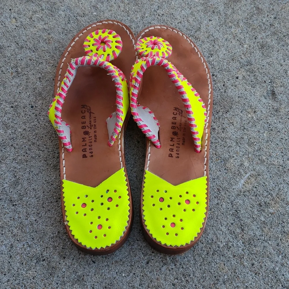 Palm Beach Handmade Leather Neon Green Pink Sandals Size 8 Beachy Tropical USA - Picture 3 of 16